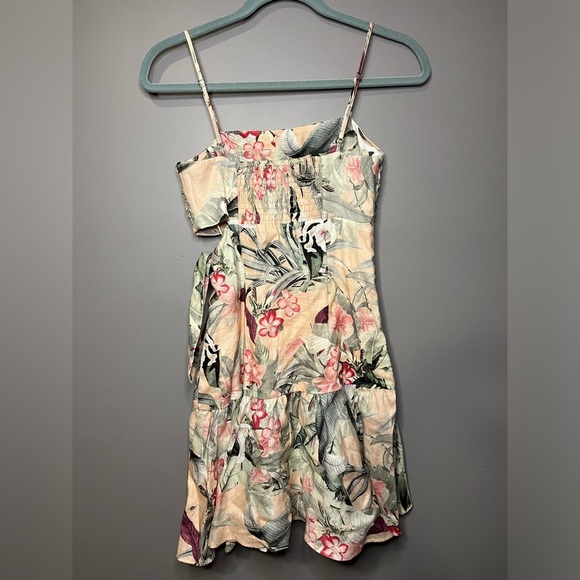 Guess Pink Floral Spaghetti Strap Smocked Sophie Linen Cut-Out Mini Dress Size 0 - Picture 3 of 6